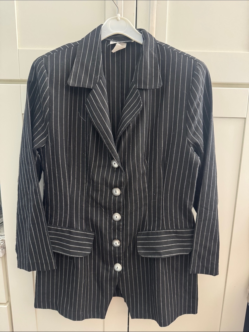 90s Black Pinstripe Button-Front Women's Blazer Jacket